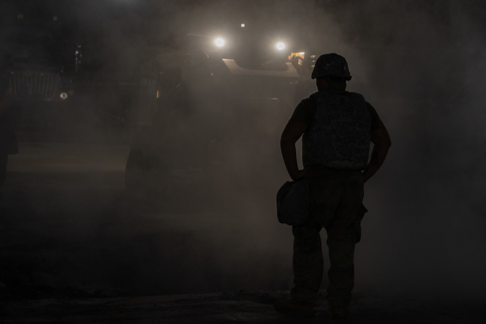 An Airman observes rapid airfield damage repair.