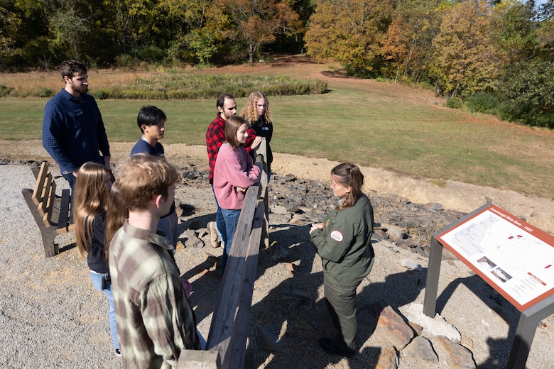 In a convergence of academia and real-world engineering, a group of students from the University of Pittsburgh’s Hydrologic Analysis and Design course explored the Conemaugh River Dam to expand their engineer learning beyond conventional classroom boundaries. April Richards, a park ranger with the U.S. Army Corps of Engineers Pittsburgh District, describes the construction process for Conemaugh River Dam to University of Pittsburgh students during a tour of the dam in Saltsburg, Pennsylvania, Oct. 13, 2023.