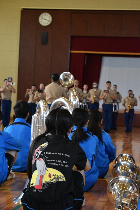 The Third Marine Expeditionary Force (III MEF) Band performed in front of fellow musicians from the Gotemba Nishi Junior High School, October 14, 2023. The band also performed at the Combined Arms Training Center, Camp Fuji Friendship Festival the following day. (U.S. Marine Corps photo by Song Jordan)
