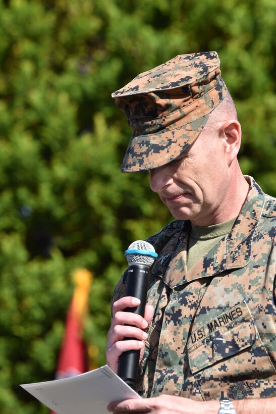 Colonel Neil J. Owens, Commanding Officer of Combined Arms Training Center, Camp Fuji, pauses during his speech, October 20, 2023. Members of the community gathered to honor the men who died and the dozens of people injured due to a fire that broke out on the installation in 1979. (U.S. Marine Corps photo by Song Jordan)