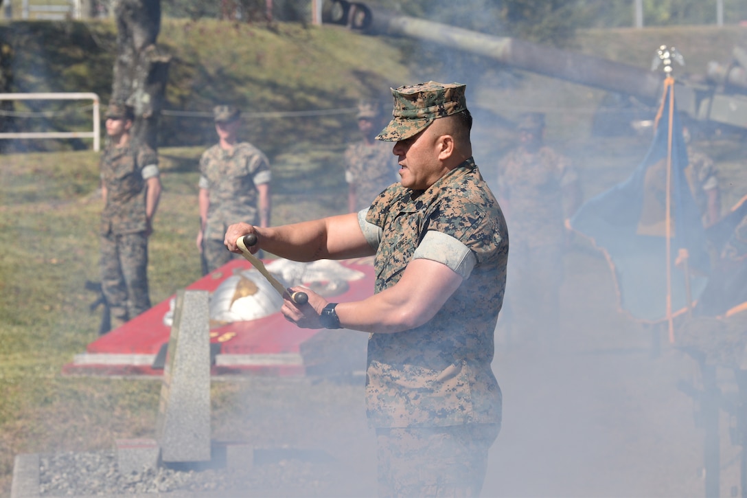 Sergeant Major Restituto Paz, Combined Arms Training Center, Camp Fuji's sergeant major, calls roll during the 1979 fire memorial ceremony, October 20, 2023.