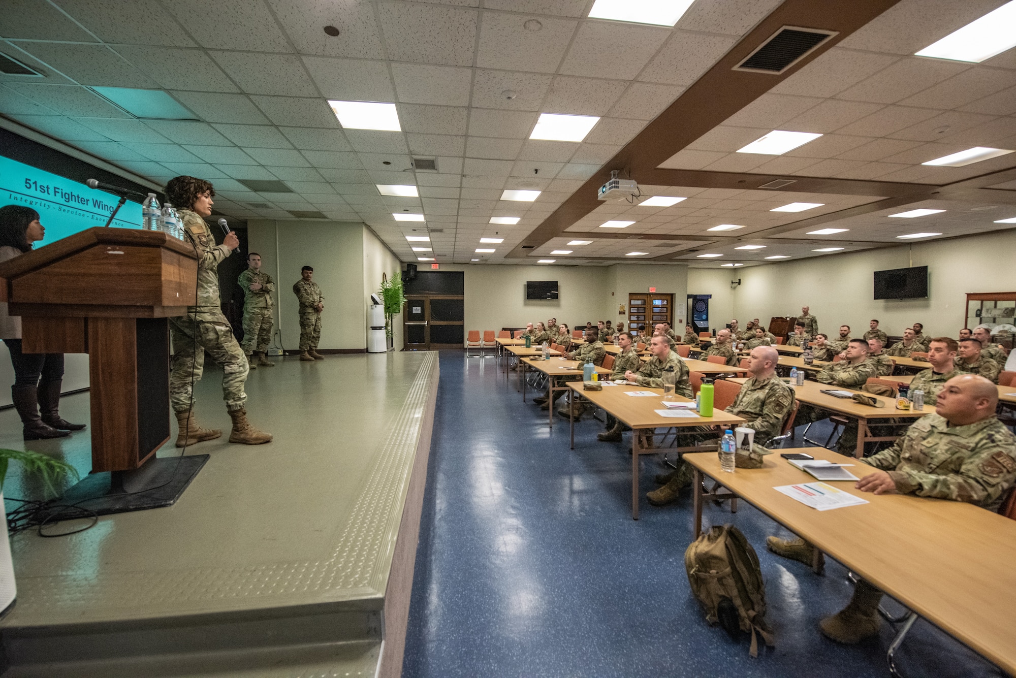 U.S. Air Force Airmen from the 51st Wing Staff Agency legal office train attendees during a first sergeants symposium at Osan Air Base, Republic of Korea, Oct. 17, 2023. The attendees showed interest in filling the role and trained on procedures for disciplinary actions and resource referral in order to be more effective in the first sergeant role. (U.S. Air Force photo by Airman 1st Class Chase Verzaal)