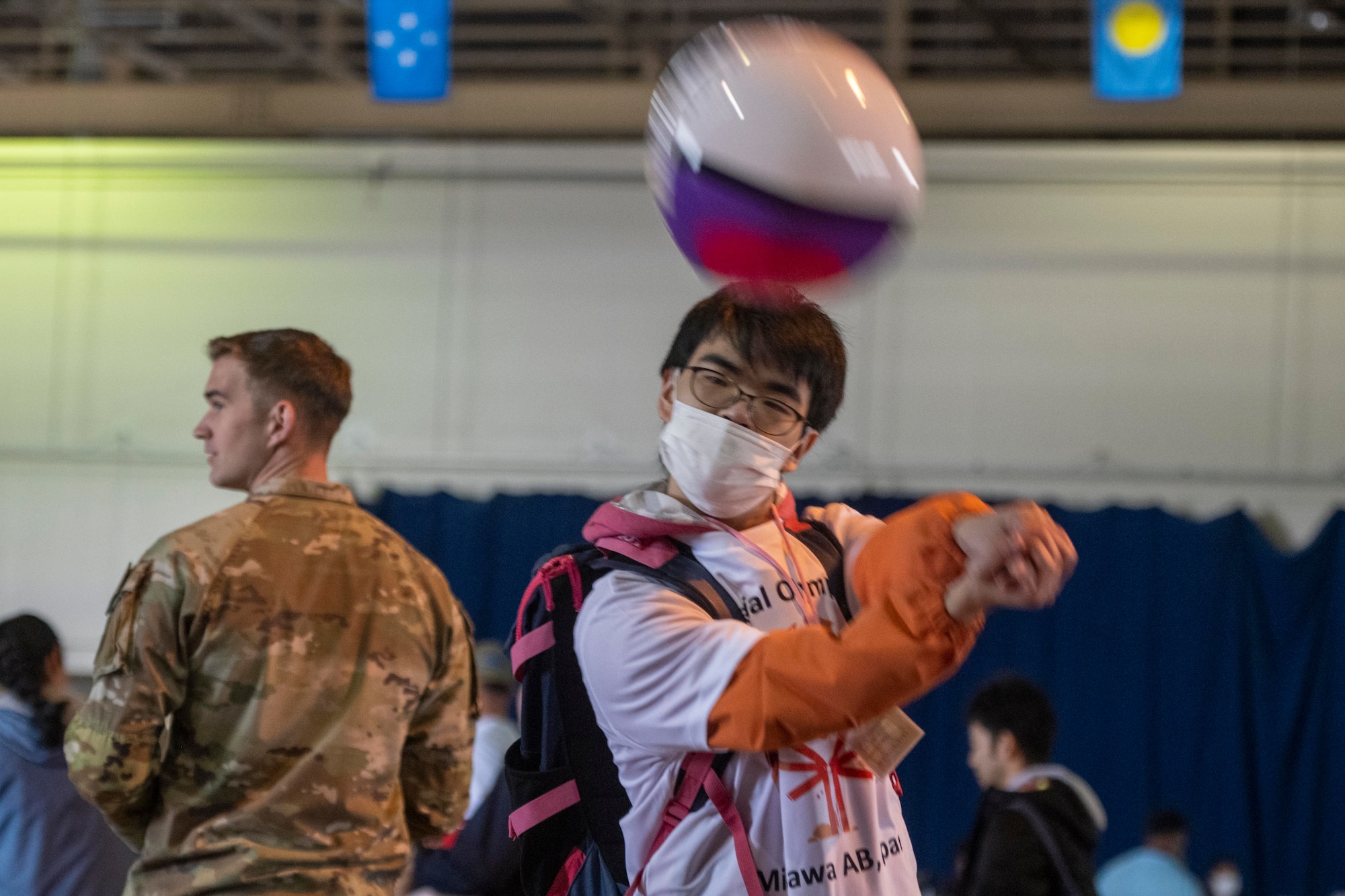 An athlete hits a volleyball during the 2023 Misawa Special Olympics at Misawa Air Base, Japan.