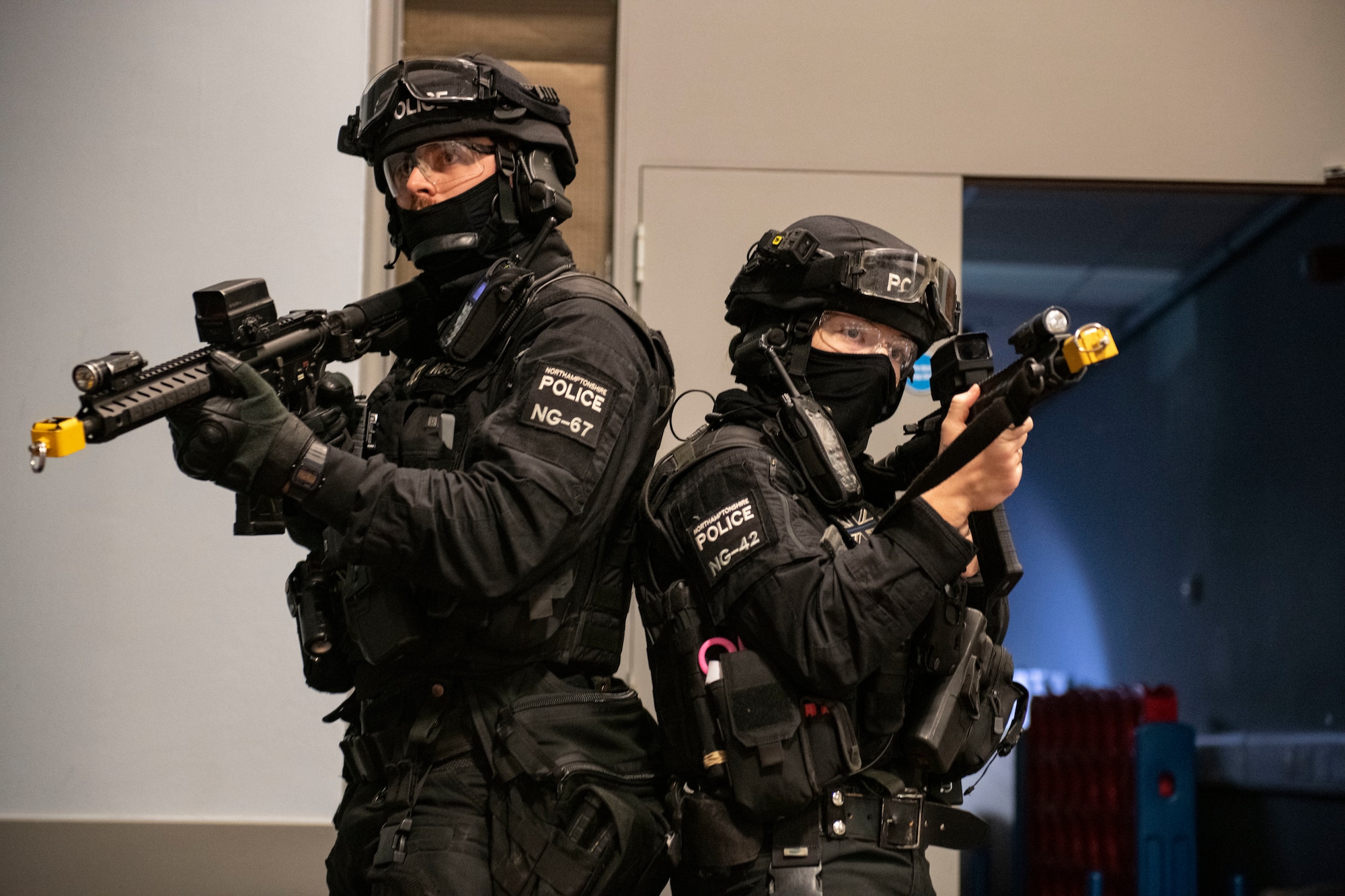 Northamptonshire Police provide cover while their teammates clear a room during an exercise at RAF Croughton