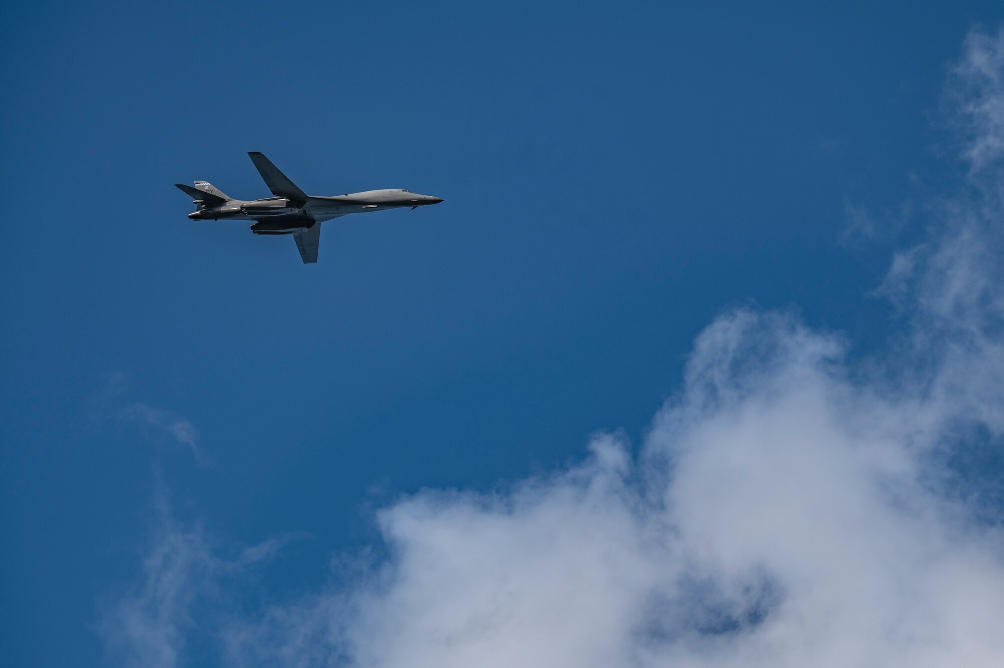 A B-1B Lancers assigned to the 9th Expeditionary Bomb Squadron flies over RAF Fairford, United Kingdom, Oct. 24, 2023. Bomber Task Force missions are representative of the U.S. commitment to our Allies and partners and enhance regional security. (U.S. Air Force Photo by Senior Airman Ryan Hayman)