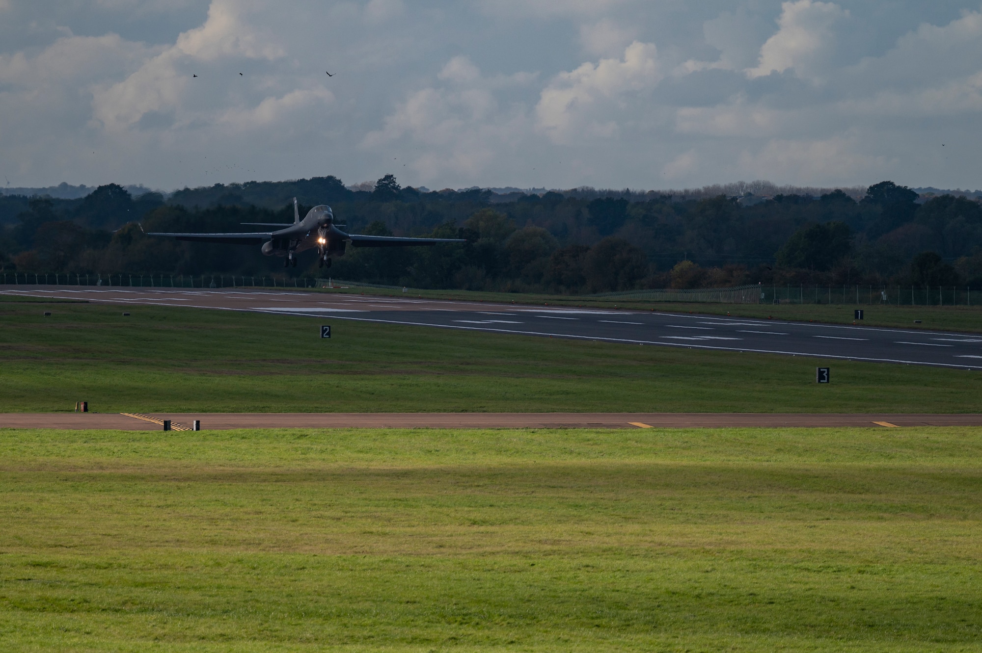 A B-1B Lancer assigned to the 9th Expeditionary Bomb Squadron prepares to land at RAF Fairford, United Kingdom, Oct. 24, 2023. Our ability to quickly respond and assure Allies and Partners rests upon the fact that we are here, in Europe, forward and ready. (U.S. Air Force Photo by Senior Airman Ryan Hayman)
