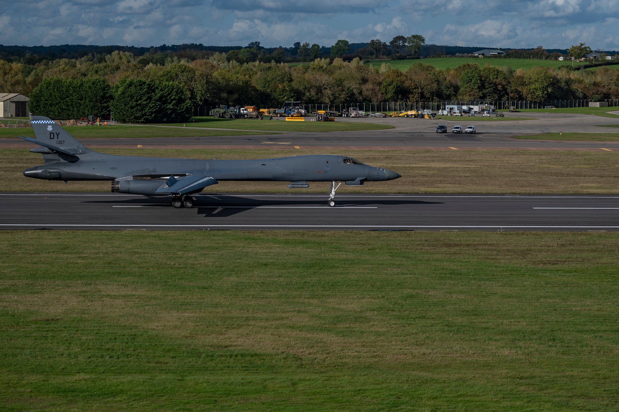 A B-1B Lancer assigned to the 9th Expeditionary Bomb Squadron lands at RAF Fairford, United Kingdom, Oct. 24, 2023. U.S. Air Forces in Europe routinely hosts and supports a variety of U.S. Air Force aircraft and units for training to support geographic combatant command objectives. Operating with a variety of aircraft and units in Europe aids in maintaining a ready and postured force prepared to respond to and support global operations. (U.S. Air Force Photo by Senior Airman Ryan Hayman)