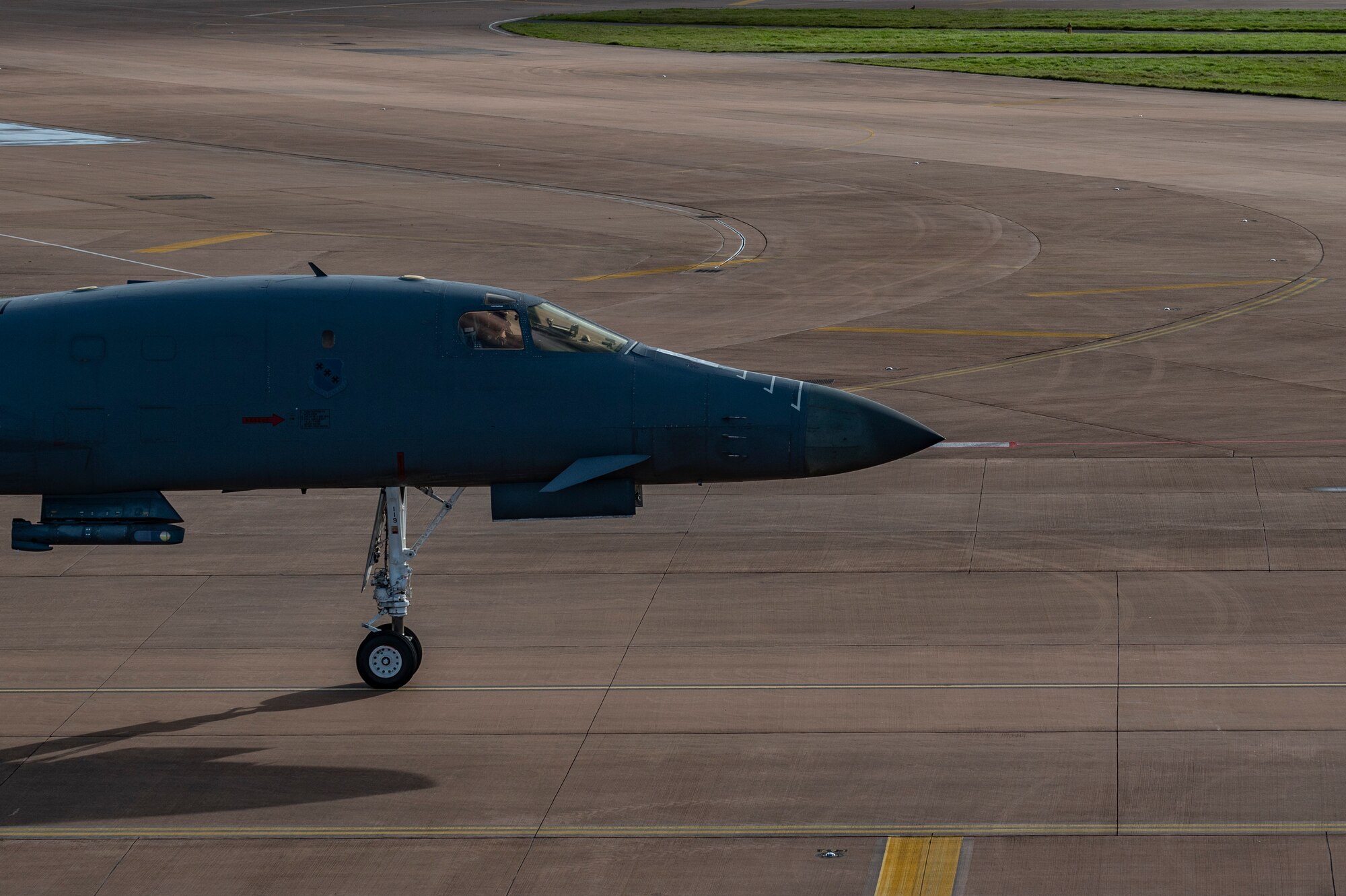 A B-1B Lancers assigned to the 9th Expeditionary Bomb Squadron taxi on the flightline at RAF Fairford, United Kingdom, Oct. 12, 2023. Bomber Task Force missions are representative of the U.S. commitment to our Allies and partners and enhance regional security. (U.S. Air Force Photo by Senior Airman Ryan Hayman)