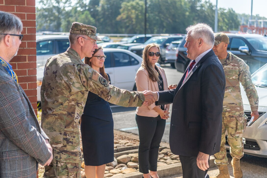 Secretary of the Air Force Frank Kendall, right, is greeted by Maj. Kristofer Dahl with the Arnold Engineering Development Complex 716th Test Squadron during Kendall’s Oct. 4, 2023, visit to Arnold Air Force Base, Tenn. During his time at Arnold, headquarters of AEDC, Kendall observed some base operations, toured several facilities and received overviews of current and planned AEDC test capabilities. (U.S. Air Force photo by Keith Thornburgh)