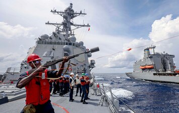 USS Dewey (DDG 105) underway replenishment with USNS Big Horn (T-AO 198) in the South China Sea.