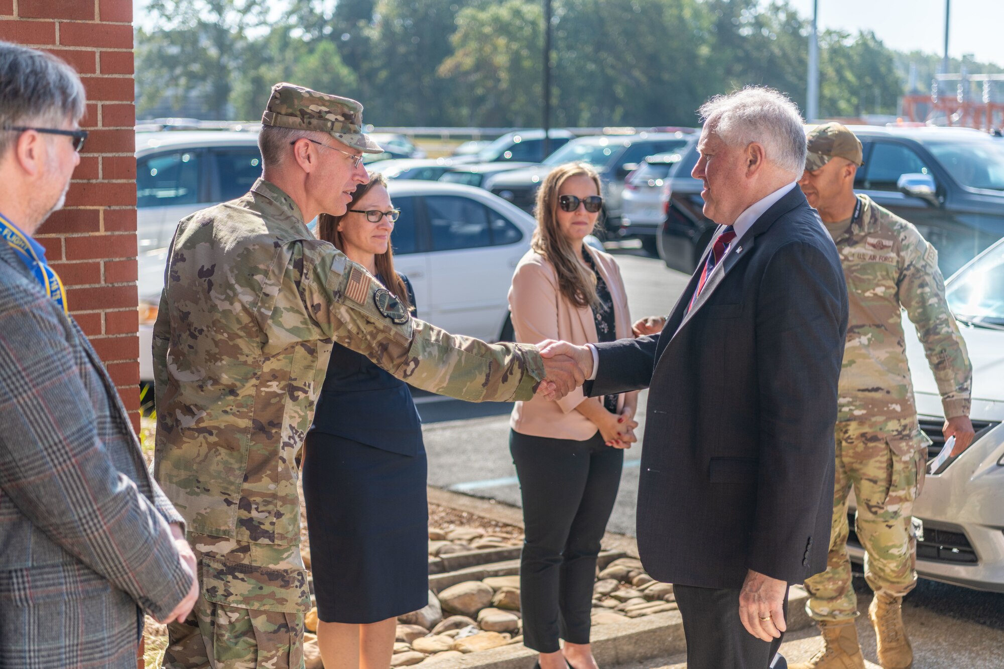 Secretary of the Air Force Frank Kendall, right, is greeted by Maj. Kristofer Dahl with the Arnold Engineering Development Complex 716th Test Squadron during Kendall’s Oct. 4, 2023, visit to Arnold Air Force Base, Tenn. During his time at Arnold, headquarters of AEDC, Kendall observed some base operations, toured several facilities and received overviews of current and planned AEDC test capabilities. (U.S. Air Force photo by Keith Thornburgh)