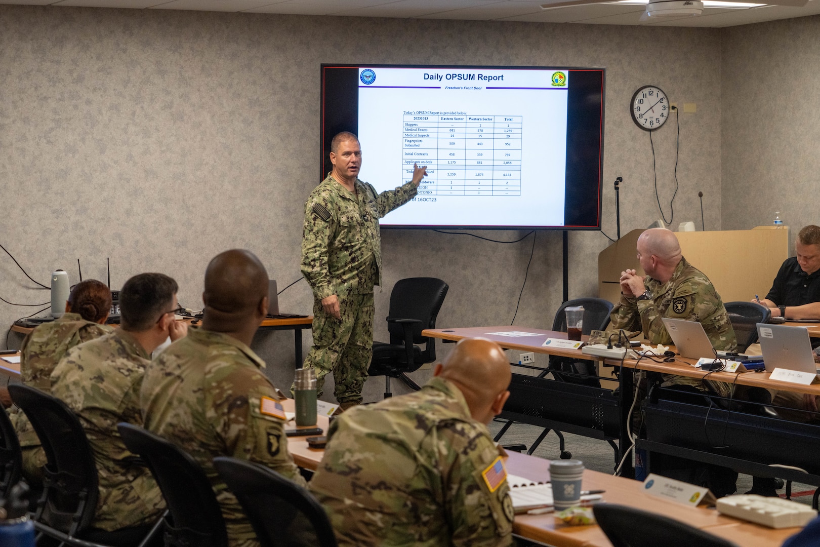 Navy Capt. Chris Carmichael briefs during the Recruiting Commanders/Operations Conference (RC/OC) at USMEPCOM, in North Chicago, Illinois.