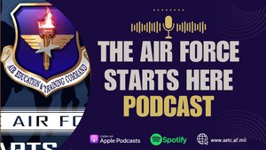 Air Force Starts Here podcast logo on blue background