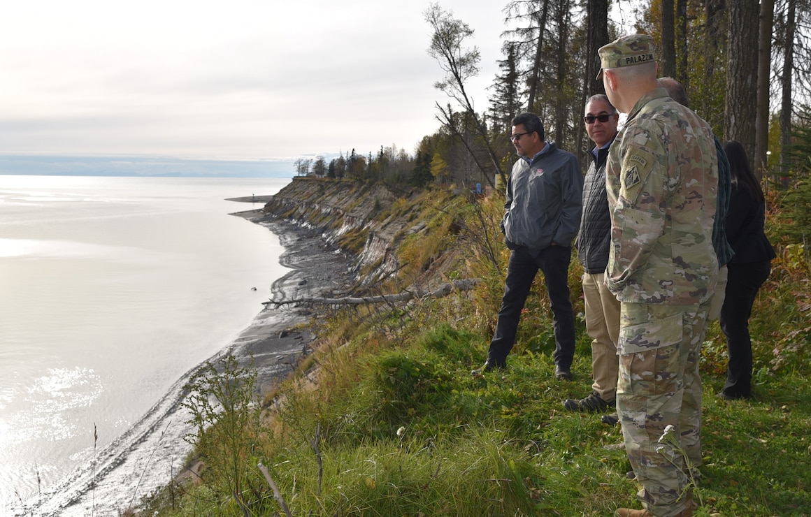 Col. Jeffrey Palazzini, district commander, signed the project partnership agreement for the Kenai River Bluffs Erosion Project during a ceremony at the Kenai Senior Citizens Center on Sep. 25. Michael Connor, Assistant Secretary of the Army for Civil Works, and Terry Eubank, city manager of Kenai, also provided their signatures to the documents. Governor Mike Dunleavy and Brian Gabriel, mayor of Kenai, witnessed the signing and provided remarks during the event.