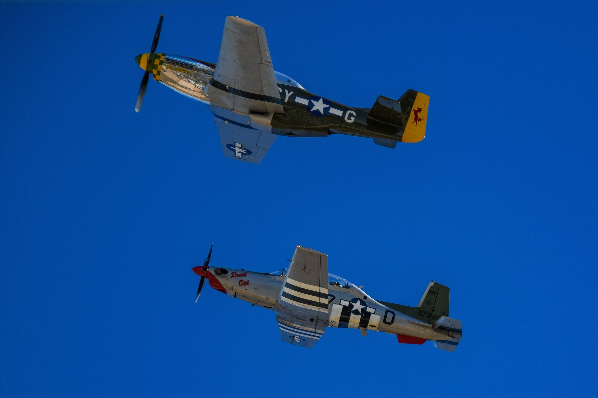 A P-51 Mustang and T-6 Texan II fly together in celebration of the 97th Flying Training Squadron's 25th anniversary on October 18, 2023.