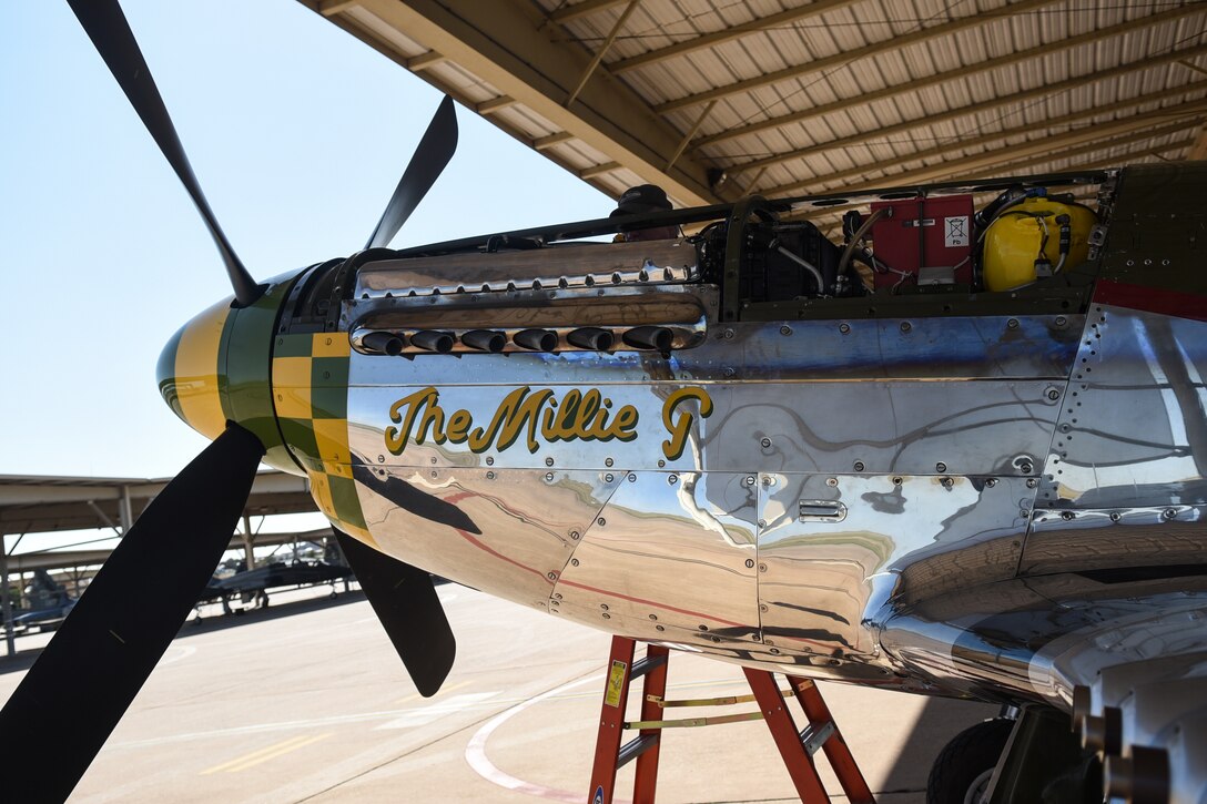 A close-up from the side of a P-51 Mustang