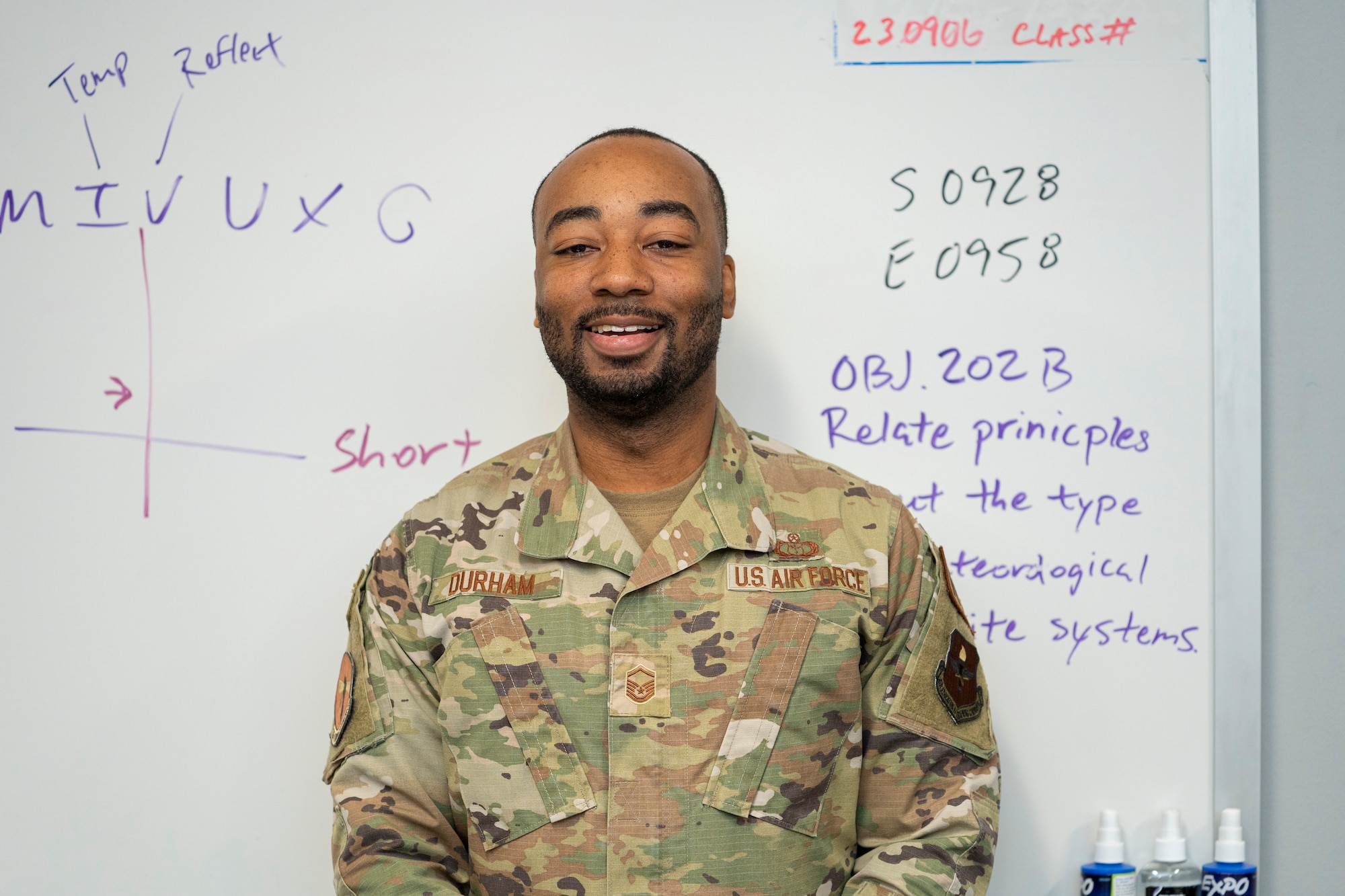 U.S. Air Force Master Sgt. Jaren Durham, 335th Training Squadron weather instructor, poses for a photo at the Weather Training Complex on Keesler Air Force Base, Mississippi, Oct. 16, 2023.