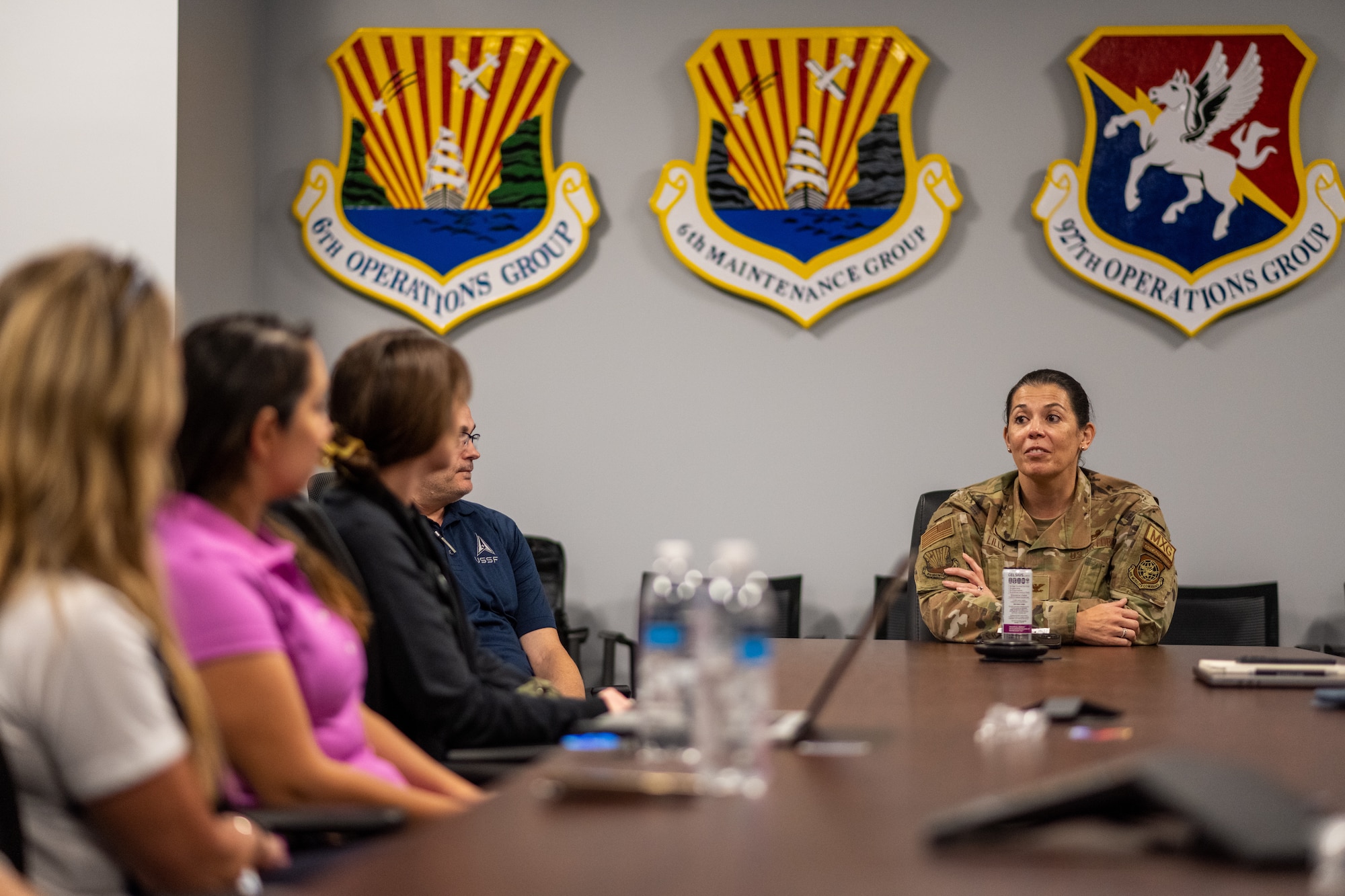 Following the tour, WIDL ambassadors met with 6th Operations and Maintenance Group leadership to share upcoming projects in the logistics industry. (U.S. Air Force photo by Airman 1st Class Zachary Foster)