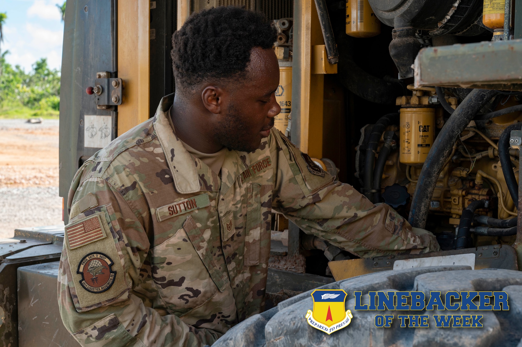 U.S. Air Force Staff Sgt. Joseph Sutton, the supervisor of Silver Flag maintenance assigned to the 36th Logistics Readiness Squadron, works on a vehicle at the Pacific Regional Training Center - Andersen, Guam, Oct. 17, 2023. The Team Andersen Linebacker of the Week recognizes outstanding enlisted, officer, civilian and total force personnel who have had an impact on achieving Team Andersen’s mission, vision and priorities. (U.S. Air Force photo by Airman 1st Class Emily Saxton)
