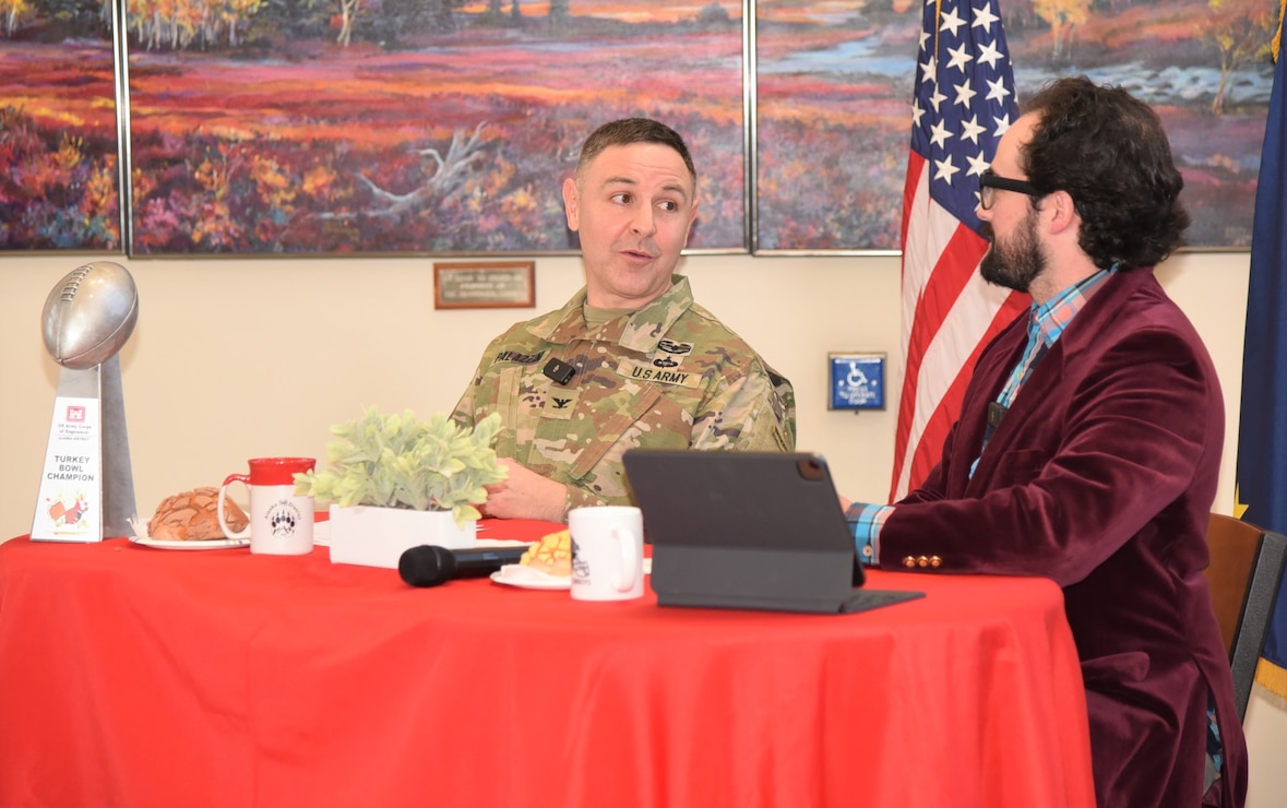 Col. Jeff Palazzini, district commander, and John Budnik, public affairs specialist, host the Commander's Coffee Corner show at the Alaska District headquarters.