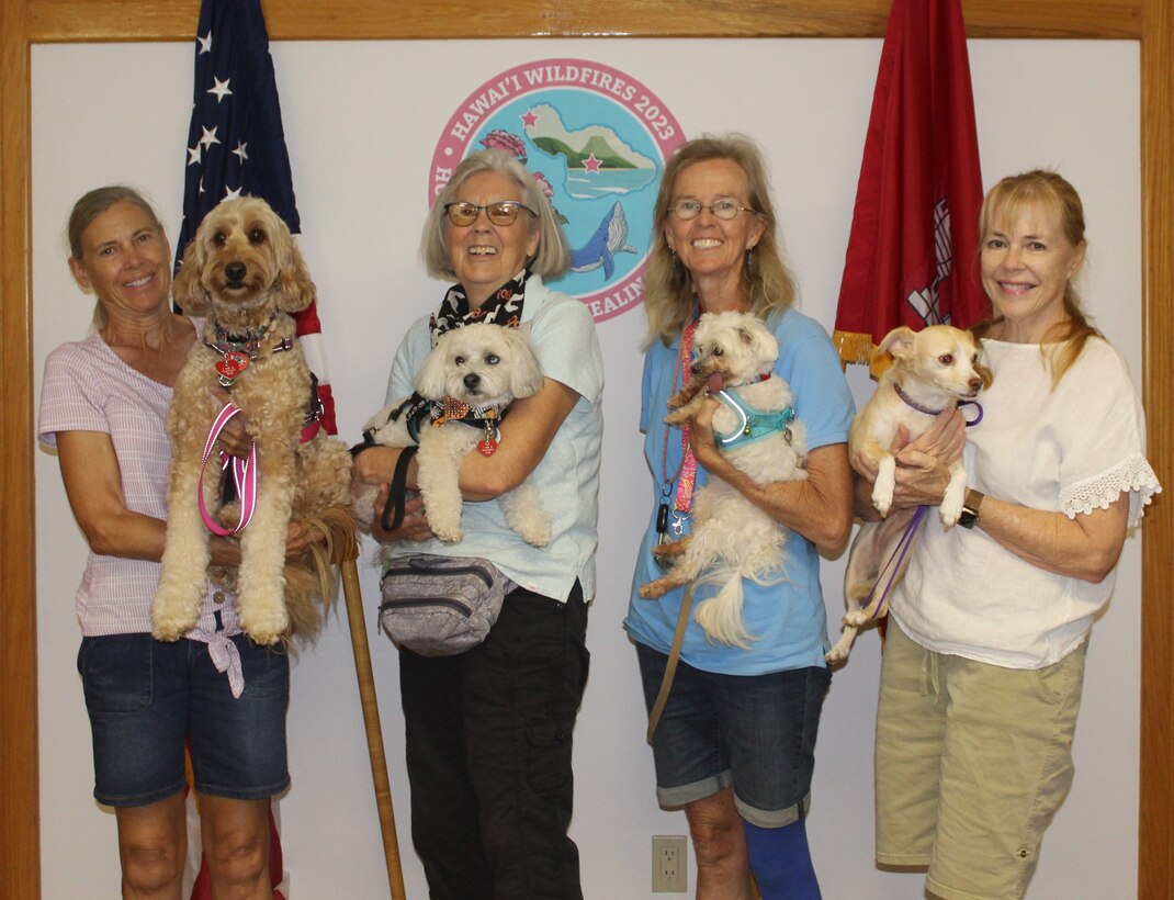 Four women each holding a therapy dog.