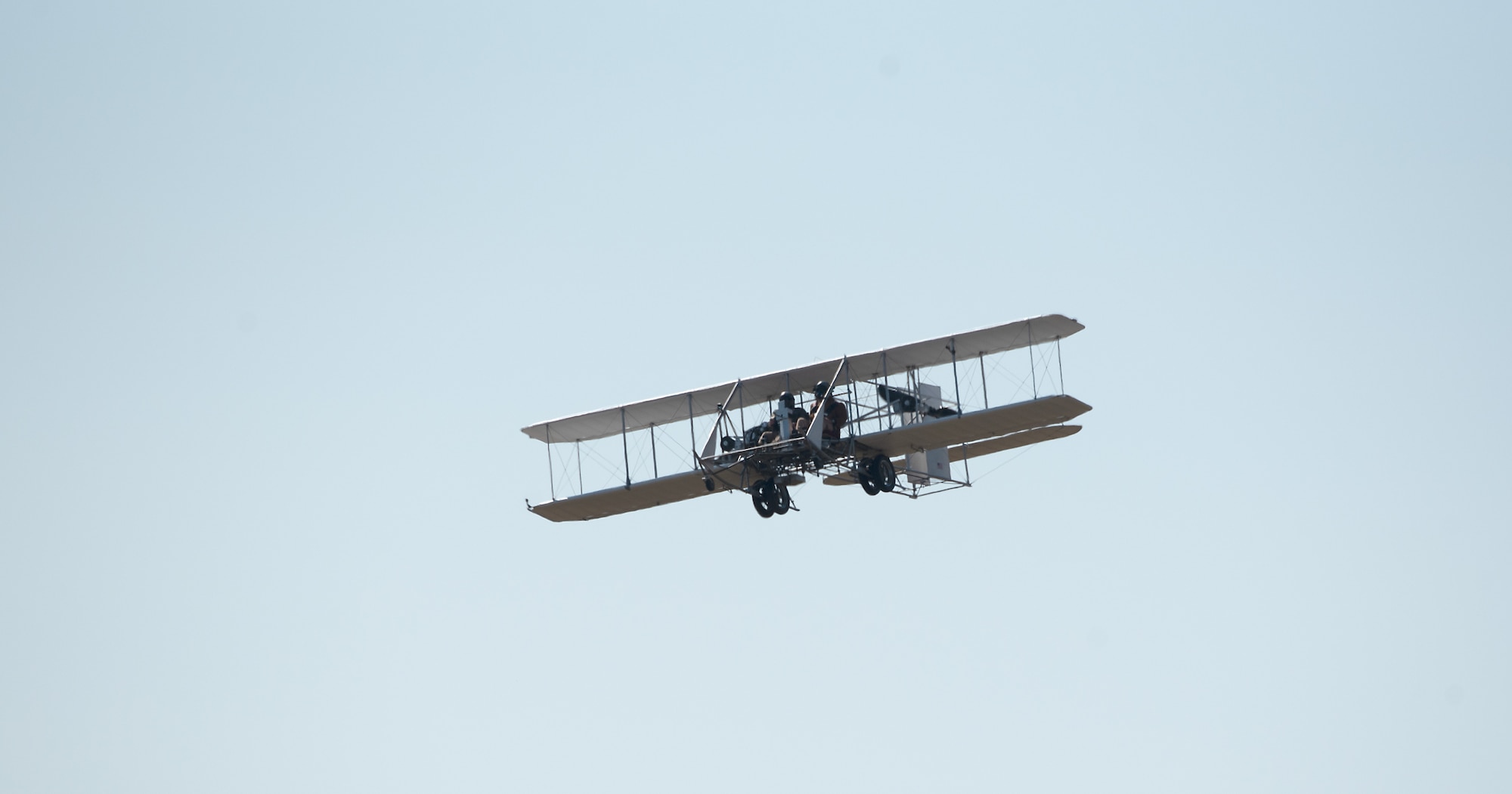 The Wright Model B lookalike, nicknamed the White Bird, is flown over Wright-Patterson Air Force Base, Ohio, Oct. 12, 2023.
