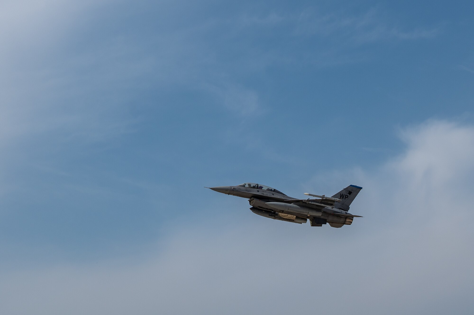 A U.S. Air Force F-16 Fighting Falcon takes off.