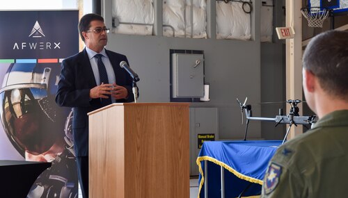John Maffei, the Federal Aviation Administration’s acting director of Portfolio Management and Technology Development, gives remarks at the AFWERX and FAA Memorandum of Understanding signing ceremony at Duke Field, Florida, Oct. 25, 2023.