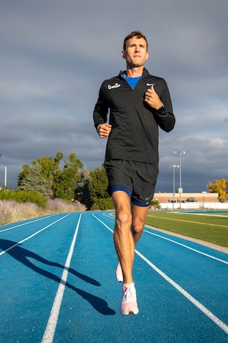The Air Force World Class Athlete Program’s Airman 1st Class Daniel Michalski completes a warmup lap at Peterson Space Force Base, Colorado, Oct. 6, 2023. A member of the Air Force’s World Class Athlete Program, Michalski averages 70 miles per week as he prepares for the Pan American Games in Santiago, Chile. (U.S. Space Force photo by Emily Peacock)