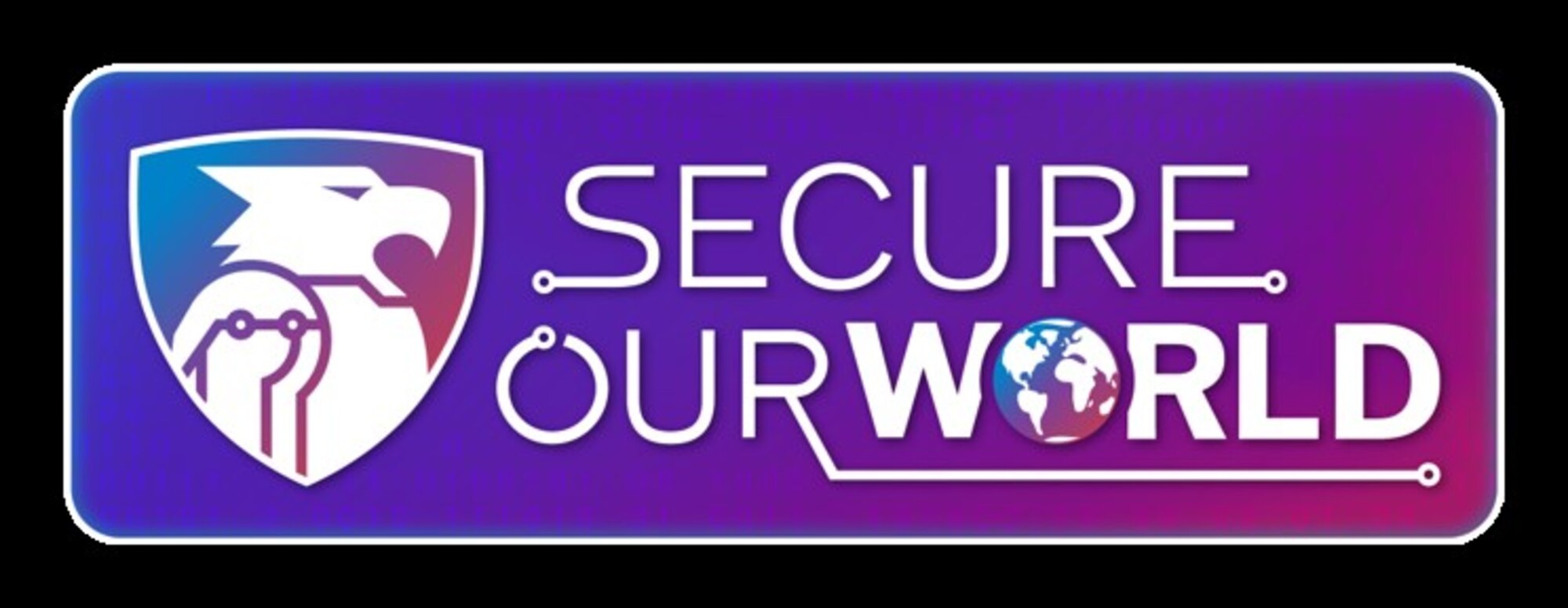 A rounded rectangle with a blue to purple to magenta gradient containing a shield with a stylized eagle and the words Secure our World in white text.