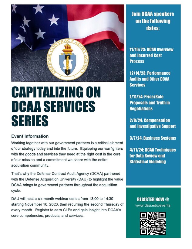 Flyer with information about Capitalizing on DCAA Services Series with QR code at the bottom for registration.