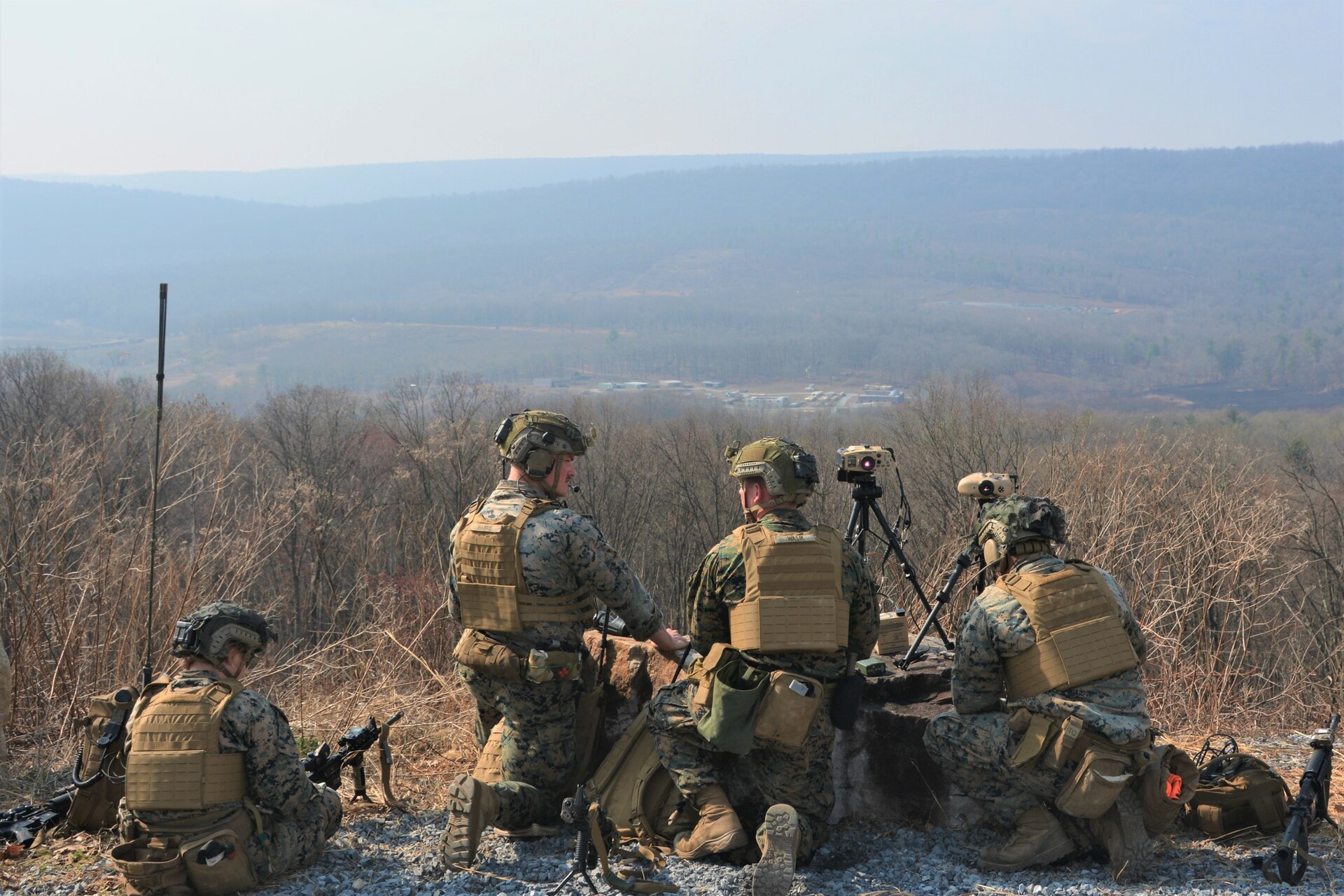 U.S. Marines with the 2nd Air-Naval Gunfire Liaison Company (ANGLICO) from Marine Corps Base Camp Lejeune, North Carolina, conduct close air support training at Fort Indiantown Gap's Bollen Air-To-Ground Range on April 5, 2023. (Pennsylvania National Guard photo by Brad Rhen)