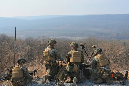 U.S. Marines with the 2nd Air-Naval Gunfire Liaison Company (ANGLICO) from Marine Corps Base Camp Lejeune, North Carolina, conduct close air support training at Fort Indiantown Gap's Bollen Air-To-Ground Range on April 5, 2023. (Pennsylvania National Guard photo by Brad Rhen)