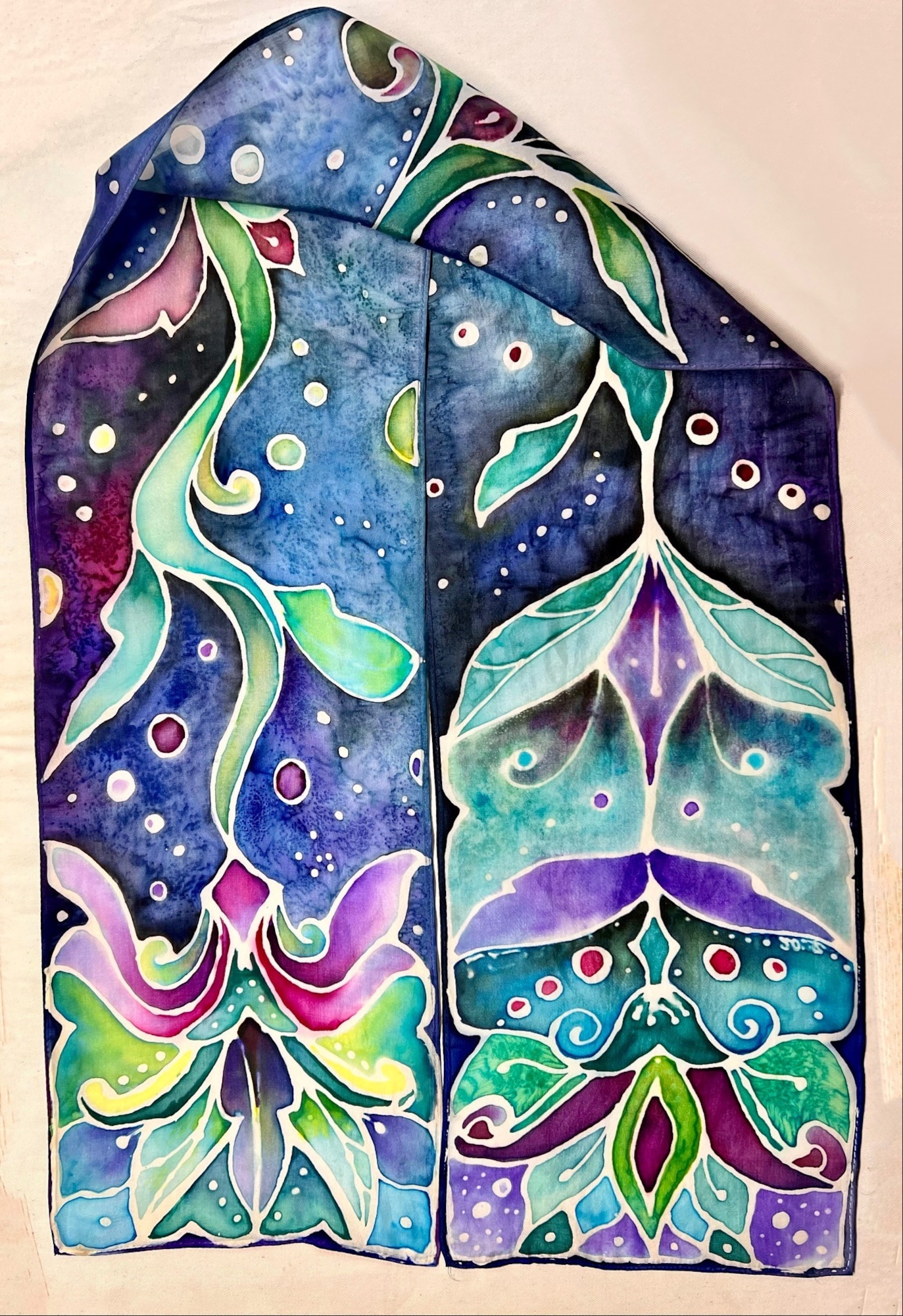 Ms. Linda Zorichak's painted scarf titled "Royal Space" that won first place in the “Adult, Accomplished, 3D” category in the 2023 Air Force Art Contest. (Courtesy photo)
