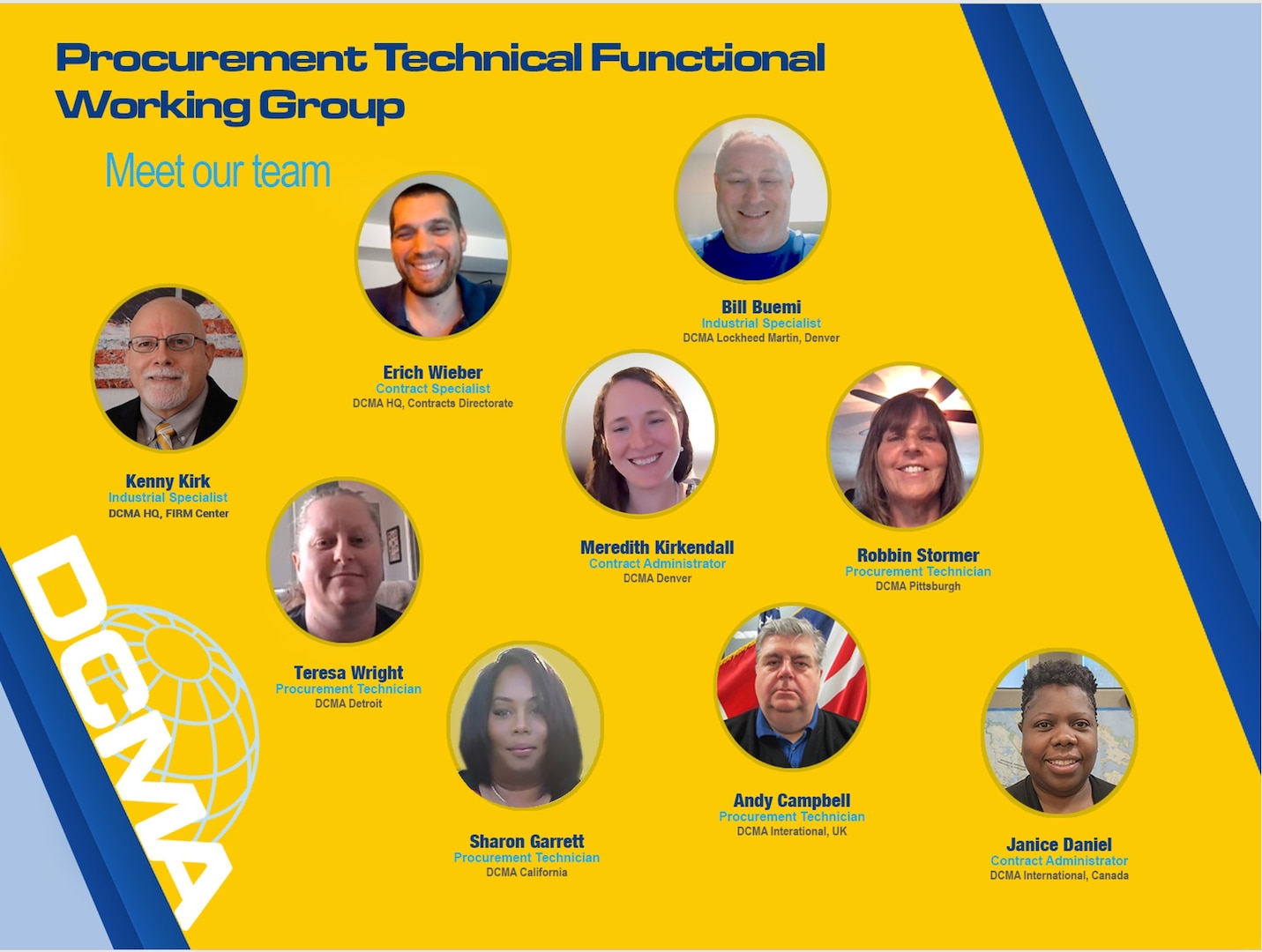 Graphic that reads: Procurement Technical Functional Working Group Meet our team. 
There are circles with faces of men and women inside each circle.