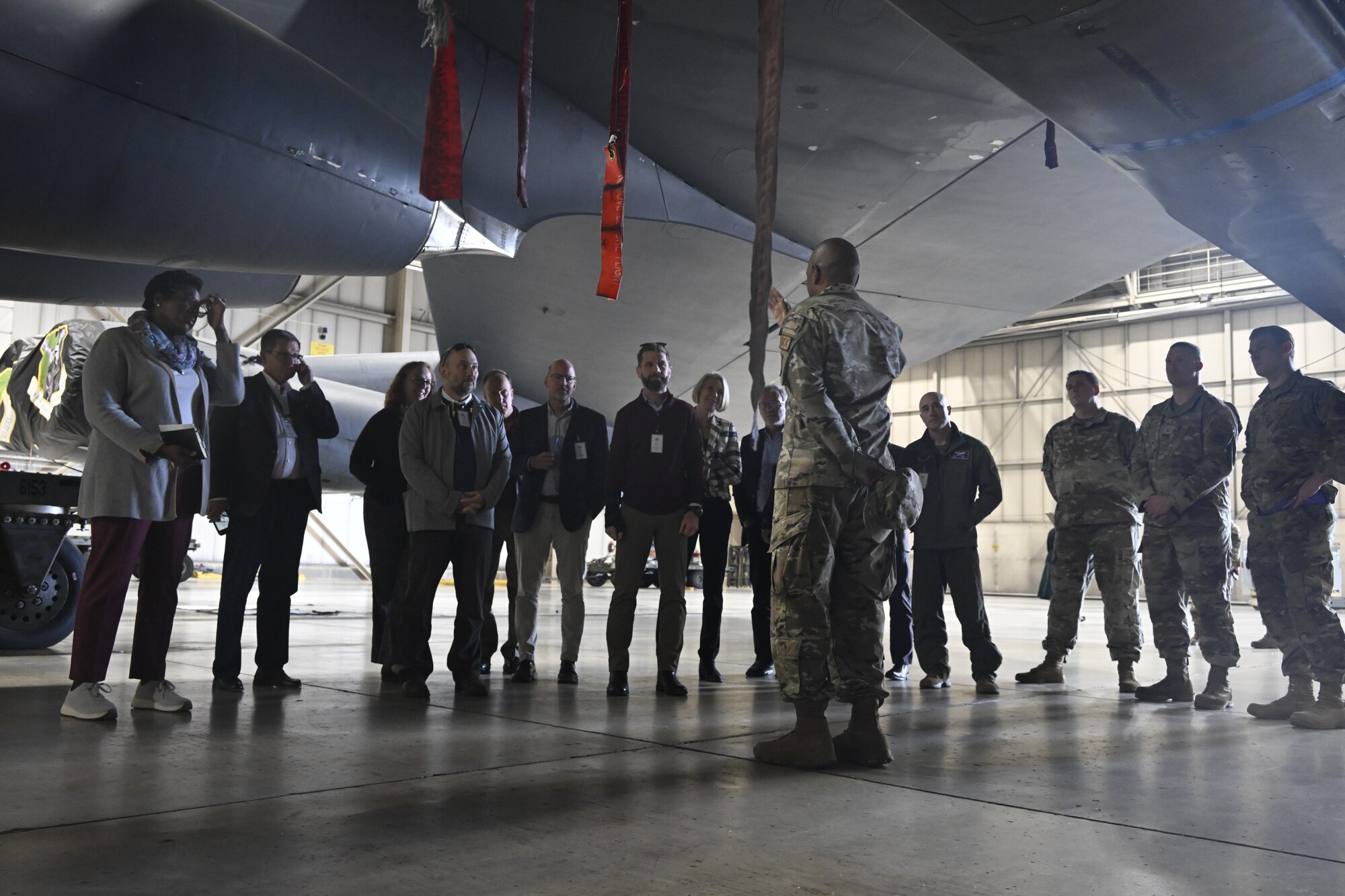 Directors from the National Laboratory receive a tour of a B-52H Stratofortress at Minot Air Force Base, North Dakota, Oct. 18, 2023. During this visit, the directors toured 5th Bomb Wing and 91st Missile Wing facilities in order to learn how their efforts intertwine with Team Minot’s contribution to the nuclear triad. (U.S. Air Force photo by Senior Airman Caleb S. Kimmell)