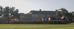 U.S. Army Soldiers assigned to the 1st Infantry Division welcomed Command Sgt. Maj. Derek Noyes as the new division command sergeant major during an assumption of responsibility ceremony on Fort Riley, Kansas, Sept. 29, 2023. (U.S. Army photo by Spc. Charles Leitner)