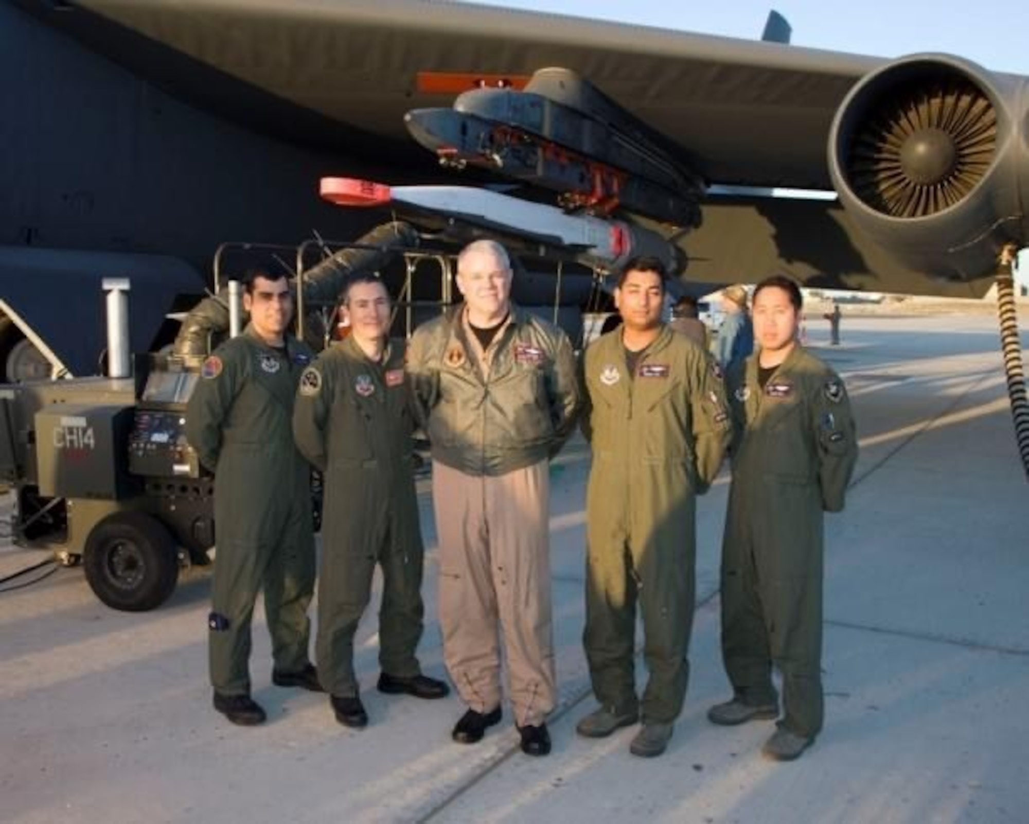 Left to right: Maj. Luis Otero, Electronic Warfare Officer/ Flight Test Engineer 419th FLTS, Dr. Daniel Millman, Hypersonic CTF Director, Mr. John Kirk, Flight Test Radar Navigator Boeing, Maj. Swami Iyer, Aircraft Commander & Test Pilot 419th FLTS, and Maj. Sean Celi  Flight Test Radar Navigator 419 FLTS pose for a photo after successfully launching an X-51A Waverider SCRAM-jet off the California coast. After booster separation at 50-thousand feet, the air-breathing SCRAM-jet vehicle approached Mach 5 at an altitude of more than 60-thousand feet. The previous record was 12 seconds in the NASA X-43. (Courtesy photo)