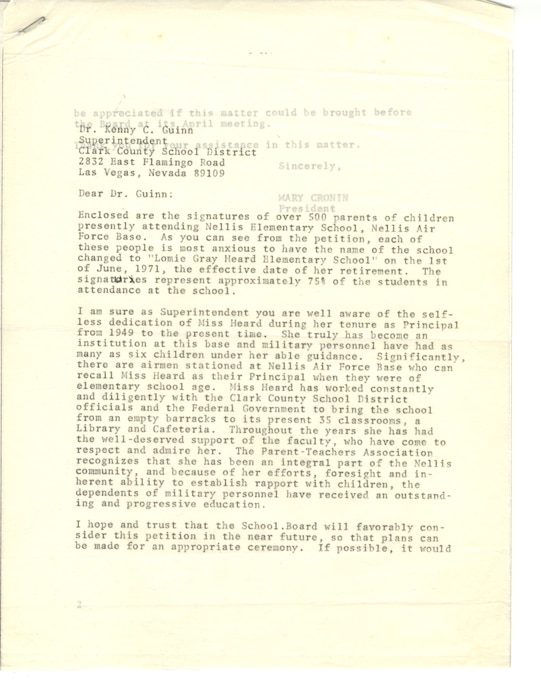 Letter to CCSD Superintendent to rename the school after Lomie Gray Heard, 1971.