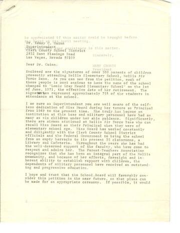 Letter to CCSD Superintendent to rename the school after Lomie Gray Heard, 1971.