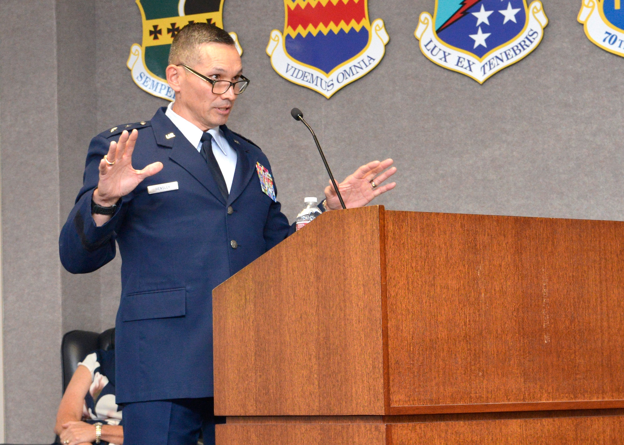 Maj. Gen. Thomas K. Hensley, 16th Air Force deputy commander, provides opening remarks during the Hall of Honor Ceremony, at JBSA-Lackland Texas, Oct. 20, 2023.