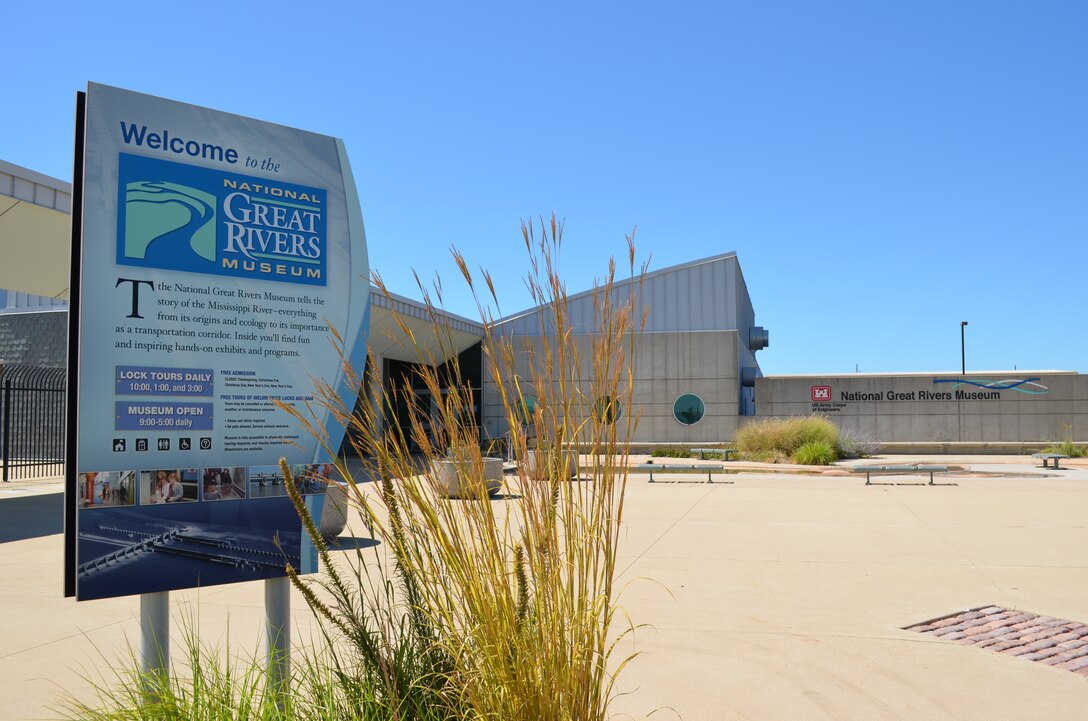 Sign welcoming visitors to the National Great Rivers Museum in Alton, Illinois. The U.S. Army Corps of Engineers, Rivers Project Office, is celebrating 20 years since the opening of the museum.