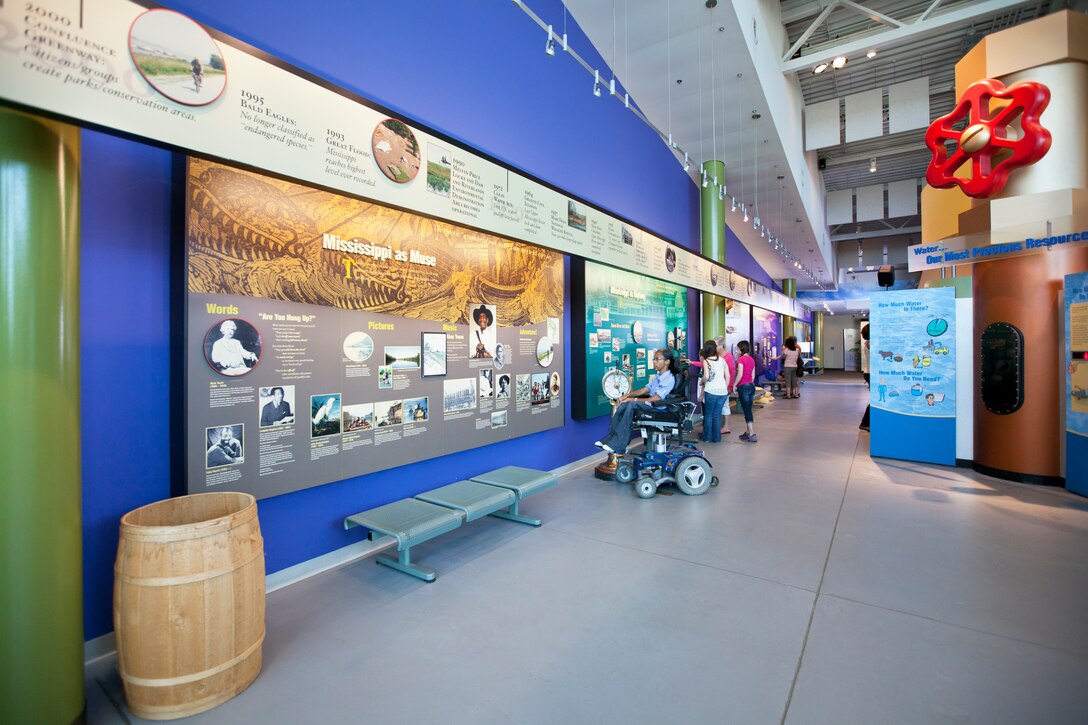 Visitors looking at exhibits at the National Great Rivers Museum in Alton, Illinois. The museum serves to connect people to an important part of the river, where a lasting partnership between the Corps and the river industry have been strengthened by the locks and dam.