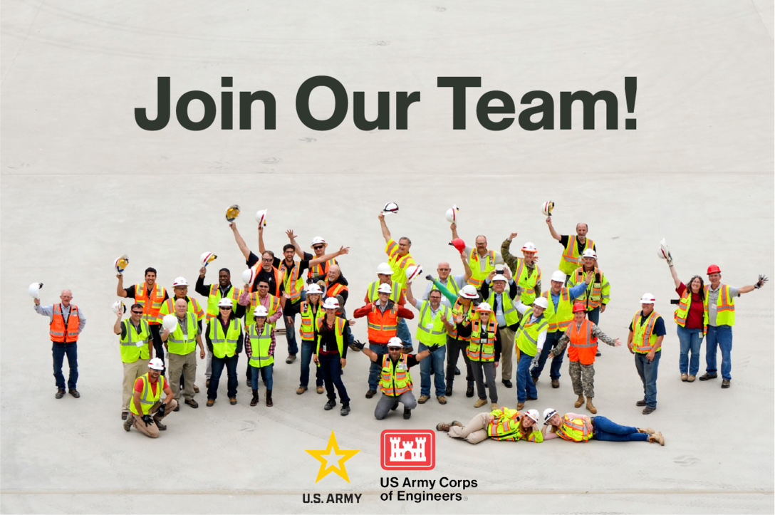 People in construction vests and hard hats wave under the graphic of "Join Our Team" and above the U.S. Army and USACE logos