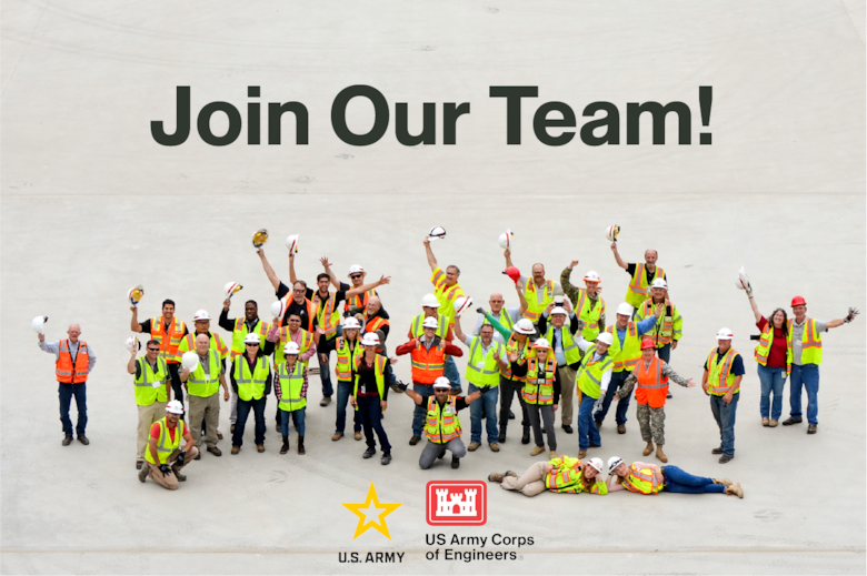 People in construction vests and hard hats wave under the graphic of "Join Our Team" and above the U.S. Army and USACE logos