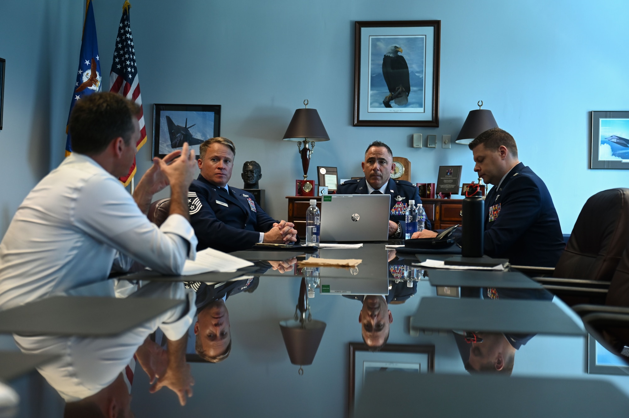 U.S. Air Force Chief Master Sgt. William Cupp, 350th Spectrum Warfare Wing command chief, left, U.S. Air Force Col. Josh Koslov, 350th SWW commander, center, and U.S. Air Force Lt. Col. Christopher Ryan Cox, 350th SWW, Det 1 and 87th Electronic Warfare Squadron, Det 1 commander, host a media roundtable at Robin Air Force Base, GA, Oct. 25, 2023. The existence of the wing and the establishment of new units signify the Department of Defense’s commitment to achieving EMS supremacy. (U.S. Air Force photo by Staff Sgt. Ericka A. Woolever)