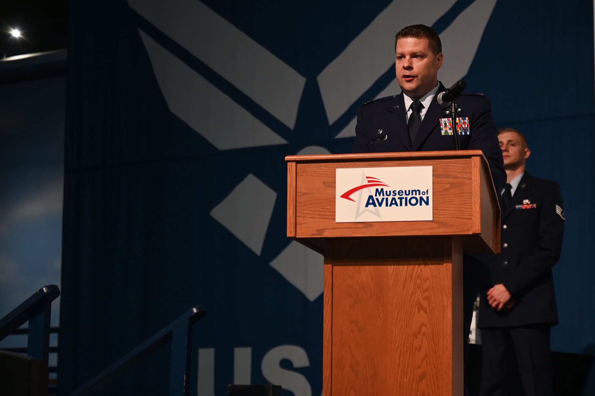 U.S. Air Force Lt. Col. Christopher Ryan Cox, 350th SWW, Det 1 and 87th Electronic Warfare Squadron, Det 1 commander, speaks during the activation ceremony of the 350th SWW’s first detachments at Robins Air Force Base, GA, Oct. 25, 2023. The existence of the wing and the establishment of new units signify the Department of Defense’s commitment to achieving EMS supremacy. (U.S. Air Force photo by Staff Sgt. Ericka A. Woolever)