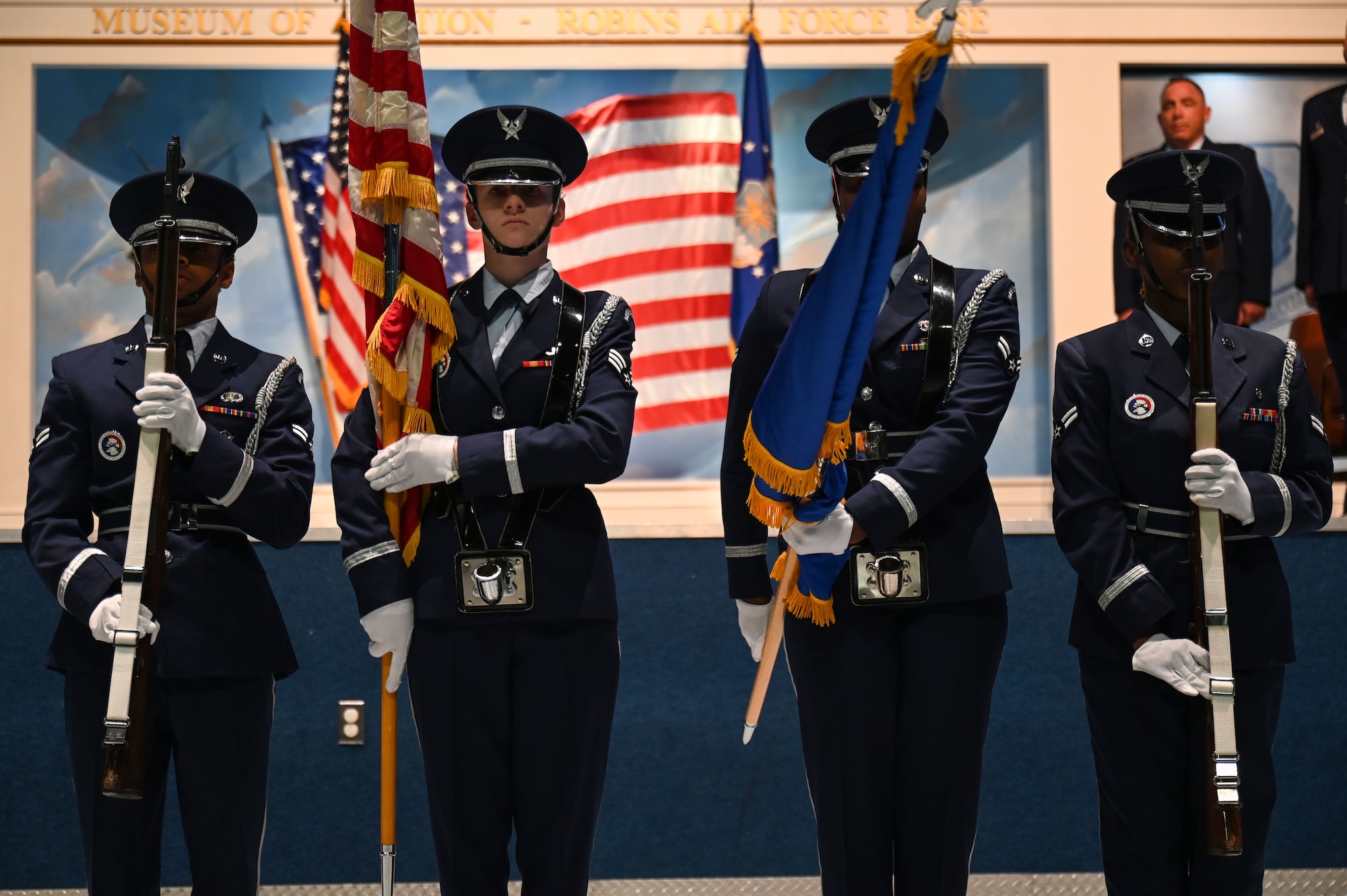 The 78th Air Base Wing Honor Guard present The Colors the activation ceremony for the 350th Spectrum Warfare Wing, Detachment 1 and the 87th Electronic Warfare Squadron, Detachment 1 at Robins Air Force Base, GA, Oct. 25, 2023. The detachments are part of an activation process for the future 950th Spectrum Warfare Group. (U.S. Air Force photo by Staff Sgt. Ericka A. Woolever)