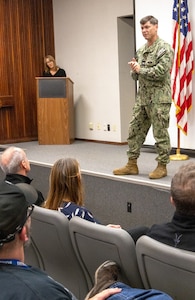 Capt. JD Crinklaw, commander, Puget Sound Naval Shipyard &
Intermediate Maintenance Facility, thanks the 24 Employee Resource Group co-leads for their service during an awards ceremony Oct. 11, 2023, in Bremerton, Washington.