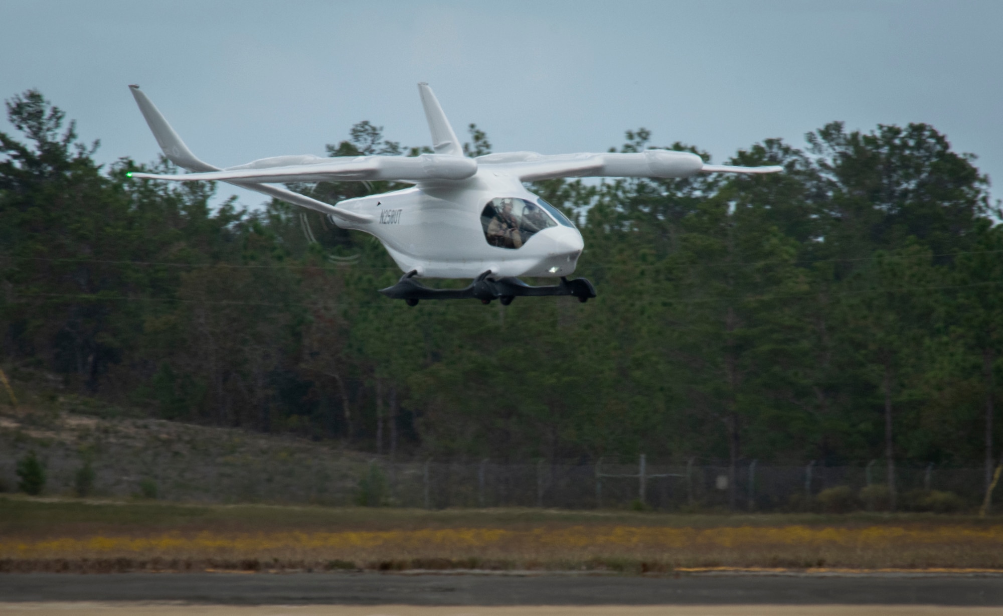 BETA's ALIA electric aircraft lands at Duke Field on Eglin Air Force Base, Florida, to begin testing with the the Air Force Oct. 26, 2023.